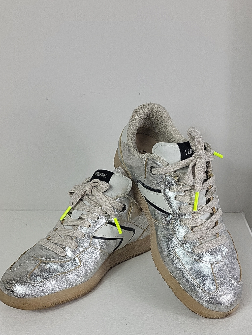 Verbenas Silver Metallic Sneakers with Neon Yellow Lace Tips. Size 38 = 7,5 US